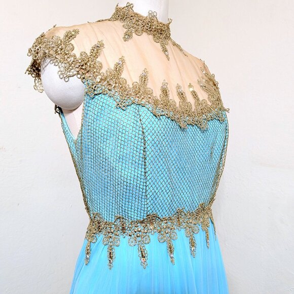 Vintage 1960's Mike Benet Aqua Chiffon Embellished Gown SZ M - Picture 3 of 10